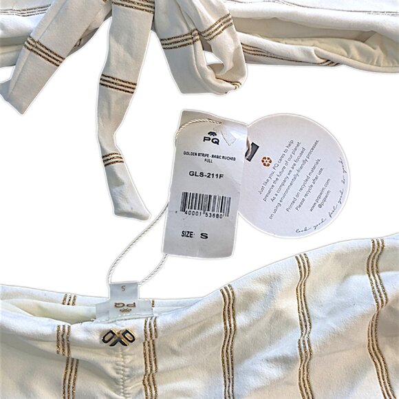 PQ Sz S 2-Piece Bikini Gold Striped Glitter Ruched Full Coverage Cream NWT - Picture 4 of 4